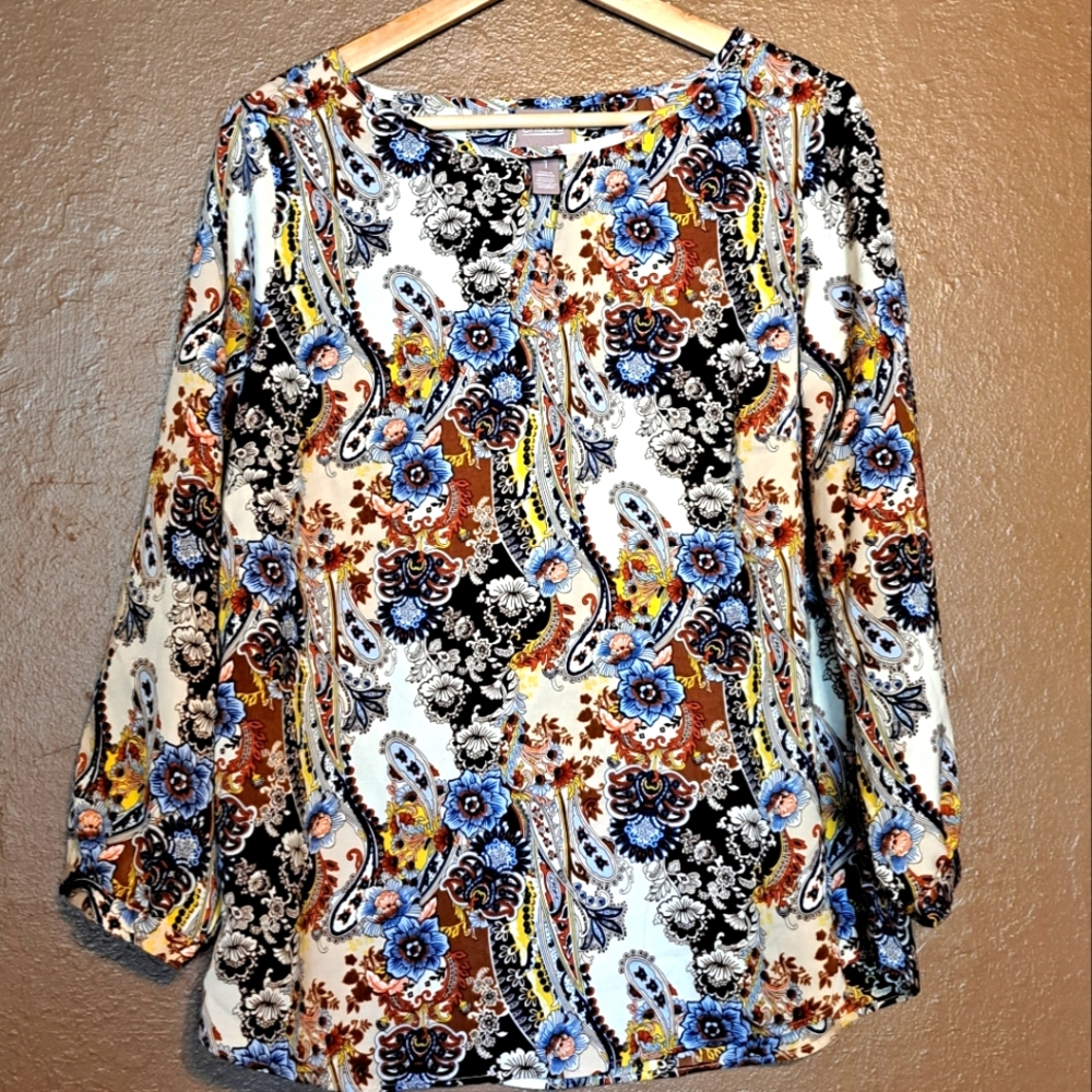 Chico's Blue And Brown Print Blouse Size 1 (Medium)